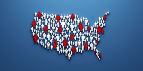 USA pandemic map of people location. Prevention and education background illustration. 3D Render illustration