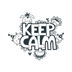 Keep calm words and doodles on a white background, vector illustration