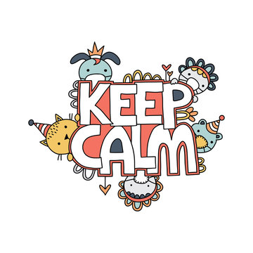 Keep calm words and doodles on a white background, vector illustration