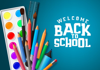 Welcome back to school vector banner design. Welcome back to school text in blue space background with education elements and school items like water color, color pen, brush and ruler.