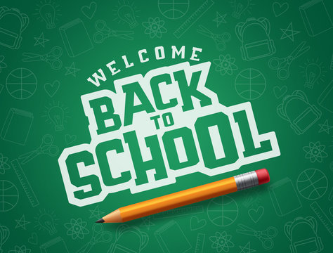 Back to school vector banner design. Welcome back to school typography in green patterned chalkboard space for text with pencil school element. Vector illustration banner. 
