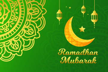 Ramadan Mubarak Islamic Background With Golden Lantern and Crescent, Ornamental Mandala