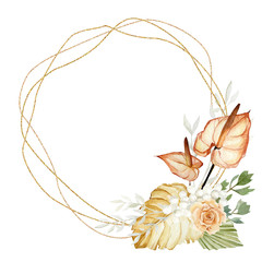 Watercolor flowers and tropical floral, wildfloral wreath. Dried branches, peony, Anthurium.  Tropical bohemian illustration in trendy boho style for wedding invintation, poster