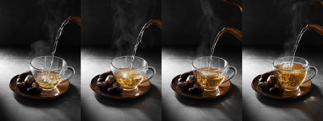 Arab tea and dates fruit  on a concrete background with a blank space for a text