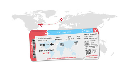 Airplane boarding pass tickets isolated over grey world map. Concept of travel, journey or business trip. London to New York. Vector illustration.
