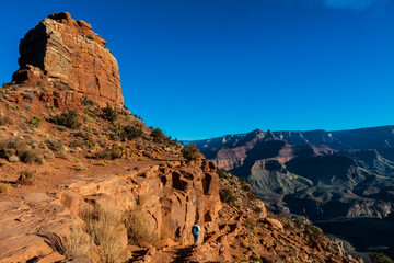 Female Hiker Desecending The South Kaibab Trail Near O'Neill Butte and Zoroaster Temple, South Kaibab Trail, Grand Canyon National Park, Arizona, USA