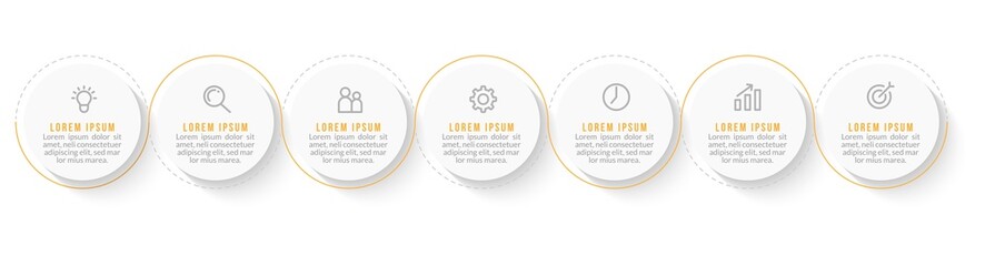 Minimal Business Infographics template. Timeline with 7 steps, options and marketing icons .Vector linear infographic with seven conected elements. Can be use for presentation.