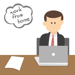 Businessman with laptop working from home, stop coronavirus, social distancing concept character design.