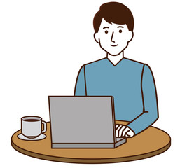 リモートワーク　男性　カフェ　シンプル　イラスト