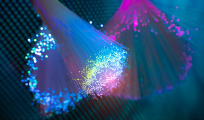 optical fibres dinamic flying from deep on technology background