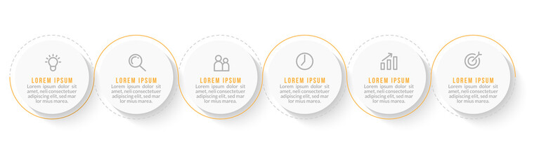Minimal Business Infographics template. Timeline with 6 steps, options and marketing icons .Vector linear infographic with six conected elements. Can be use for presentation.