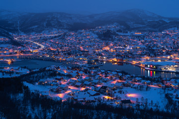 Beautiful landscape of Harstad city at night in winter season, Norway, Scandinavia