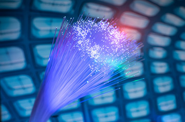 optical fibres dinamic flying from deep on technology background