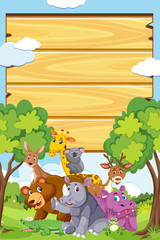 Border template design with many wild animals in background