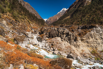 Mountain and river landscape in Mera region, Himalaya mountains range in Nepal