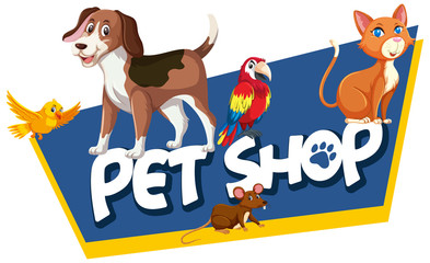 Font design template for word pet shop with many animals