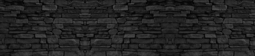 panorama black brick wall of dark stone texture and backgroun