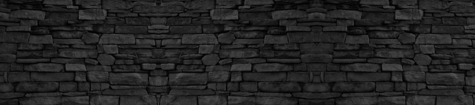 Panorama Black Brick Wall Of Dark Stone Texture And Backgroun