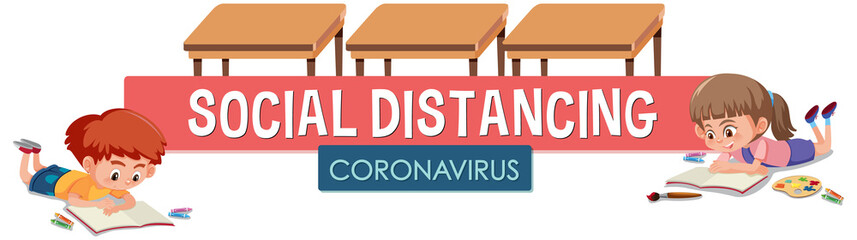 Coronavirus poster design with word social distancing and kids in classroom