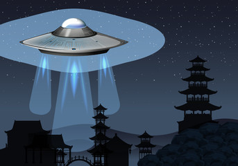 Background scene with UFO flying in dark sky