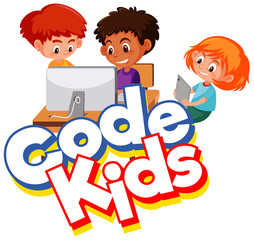 Font design for word code kids with children working on computer