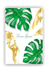 Fototapeta na wymiar Tropical leaves, splashes of paint, sparkles, golden brush strokes. Exotic botany for decorating banners, cards, labels, covers, flyers, cosmetics. Isolated vector illustration on a white background.