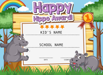 Certificate template design for happy hippo with two hippos in the park