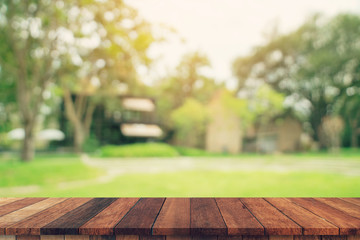 abstract blurred garden and green leaf with wooden table counter background for show , promote ,design on display concept