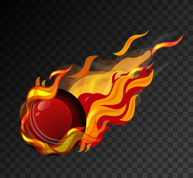 Cricket ball with big flame shooting on black background