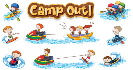 Font design for word camp out with kids doing water sports