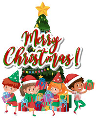 Font design template for merry christmas with many kids and presents