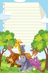 Border template design with many wild animals in background