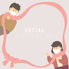 Man and woman with frame scarf or scarves keep distance to protection covid-19 outbreak, Social distancing concept poster or social banner design illustration on background, copy space, vector