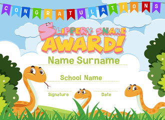 Certificate template design for slippery snake with snakes in garden