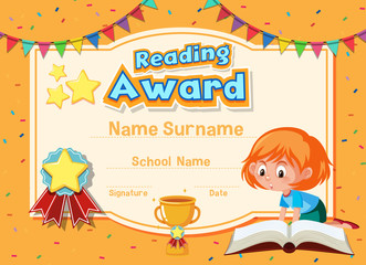 Certificate template design for reading award with girl reading book