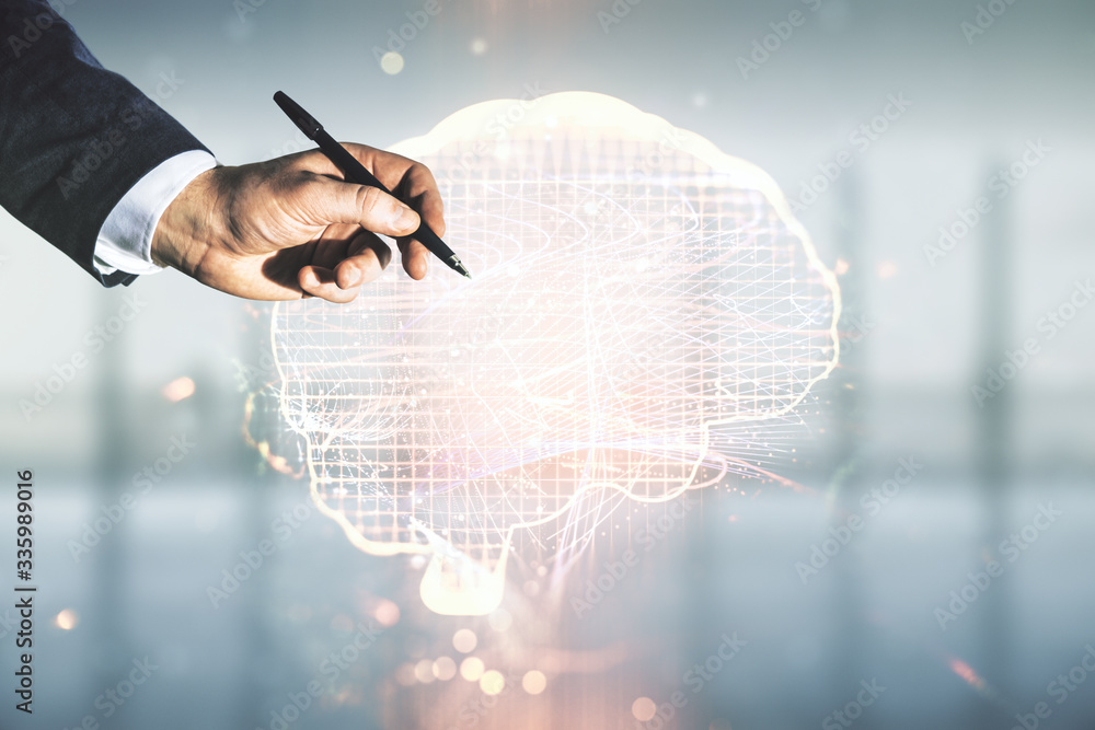 Poster double exposure of man hand with pen working with creative artificial intelligence interface on blur
