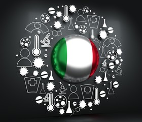 Fototapeta na wymiar Circle frame with medicine icons and tags. Coronavirus virus danger relative illustration. Flag of the Italy. 3D rendering.
