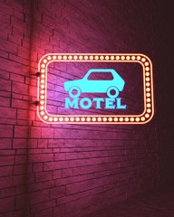 Retro American motel roadsign. Light bulbs on the outer frame. 3D rendering. Neon bulb street sign illumination