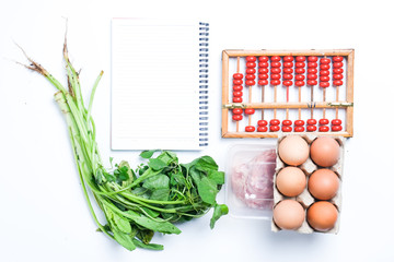 Calculating groceries on white background