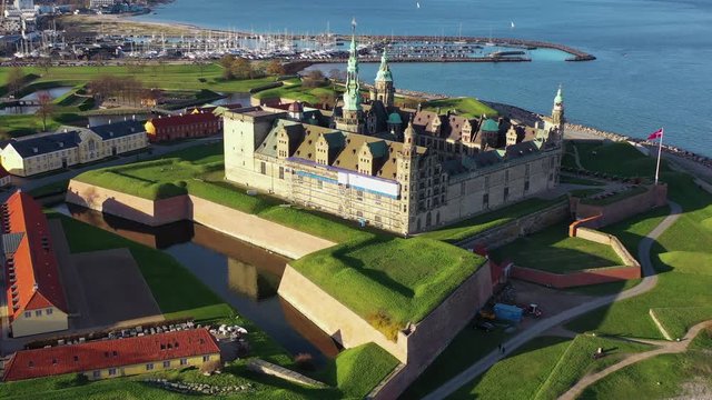 Drone 4K footage of ancient Kronborg Castle in Elsinore in the top of Zeeland Island north of Copenhagen home of Shakespeare's Hamlet (To Be Or Not To Be That is The Question) Denmark Flag Dannebrog