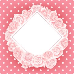 Vector postcard template of pink cream rose flower on polka dot background