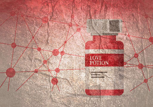 A regular chemistry glass bottle filled with a red liquid called love potion. Lines with dots connected background