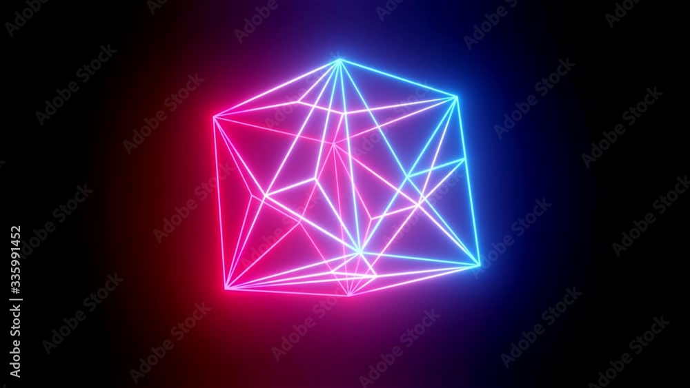 Poster rotating neon cube. 4k looped animation background with neon glow, light gradient blue red magenta. 
