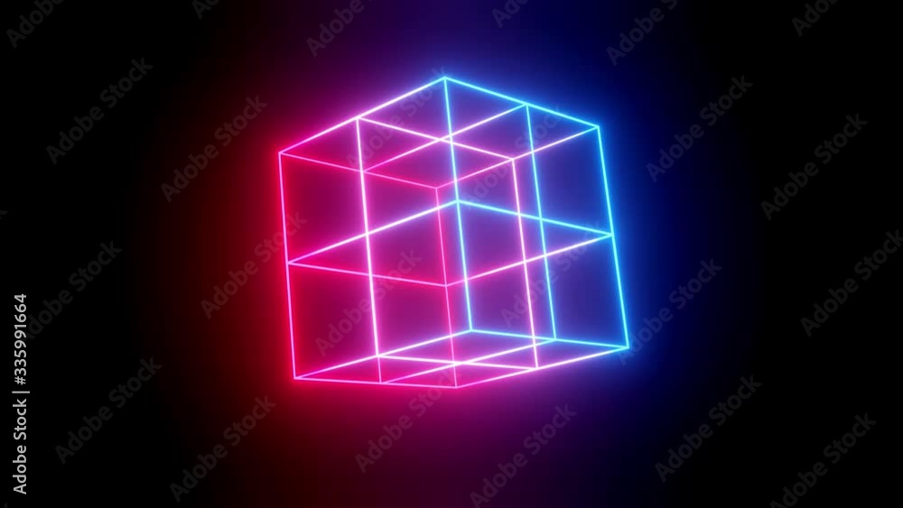Poster rotating neon cube. 4k looped animation background with neon glow, light gradient blue red magenta. 