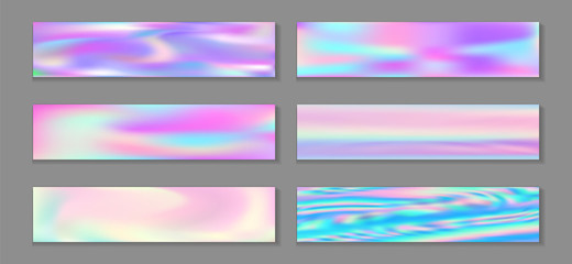 Fototapeta premium Hologram bright banner horizontal fluid gradient unicorn backgrounds vector collection. Pastel neon 