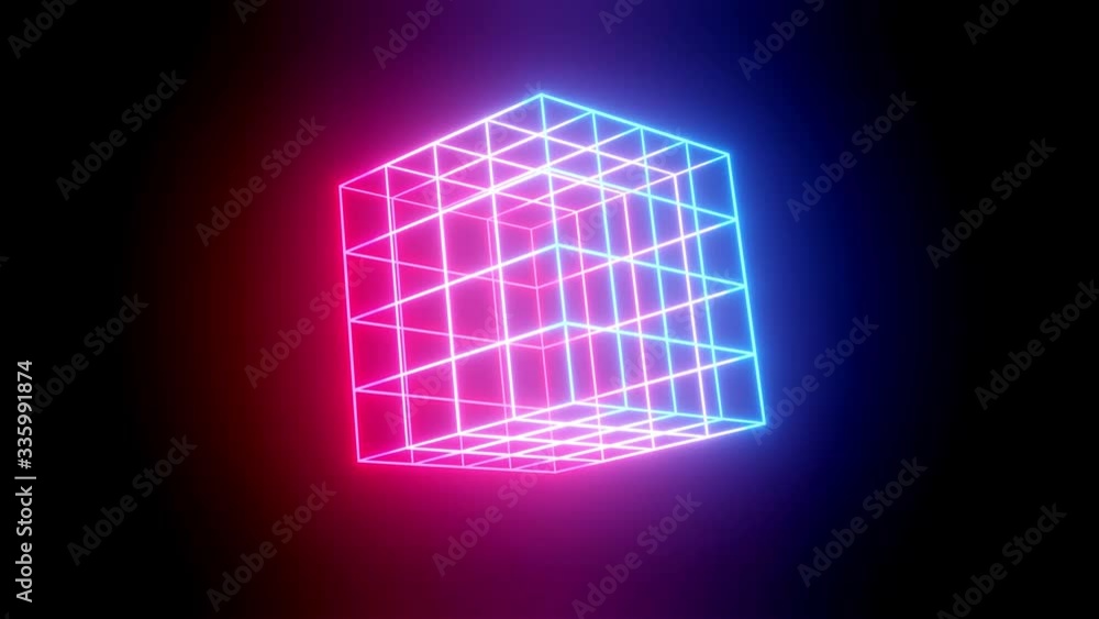 Poster rotating neon cube. 4k looped animation background with neon glow, light gradient blue red magenta. 