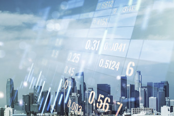 Multi exposure of virtual abstract financial graph interface on Los Angeles cityscape background, financial and trading concept