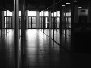 Empty shopping mall. Empty corridors. Black and white. Ust-Kamenogorsk (KAZAKHSTAN)