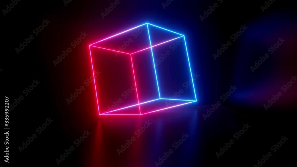 Poster rotating neon cube. 4k looped animation background with neon glow, light gradient blue red magenta. 