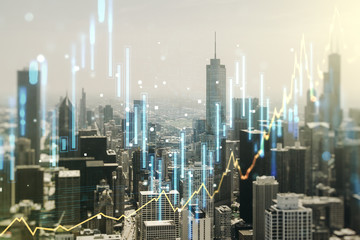 Multi exposure of abstract virtual financial graph hologram on Chicago skyline background, forex and investment concept